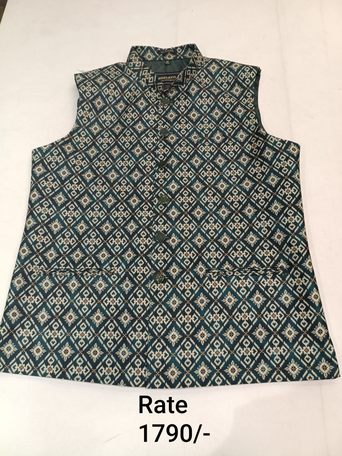 Dark Steel Blue Brocade Silk Men's Koti with Patola Butti in Diamond-Shaped Checks & Stand-Up Collar