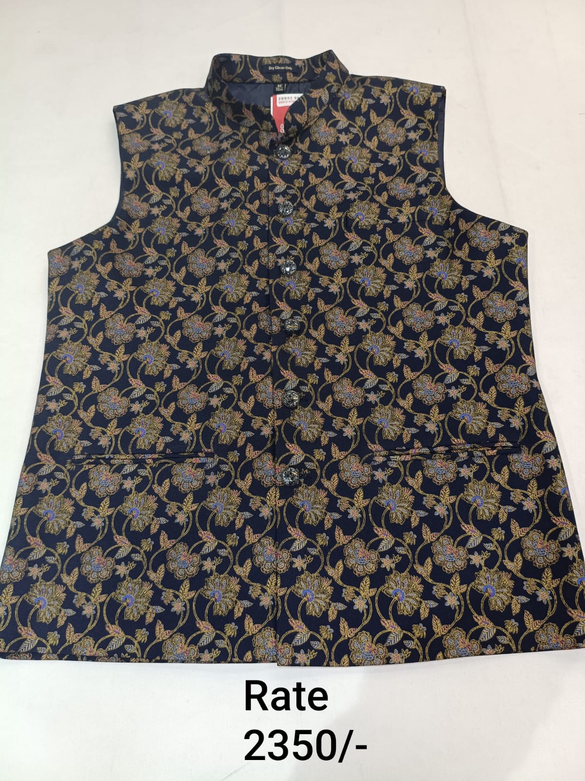 Dark Navy Blue Brocade Silk Men's Koti with Multi-Coloured Floral Jaal Print & Stand-Up Collar