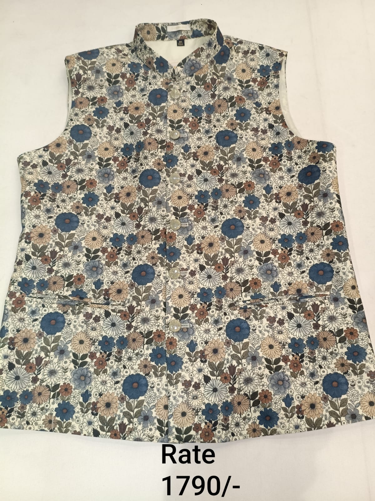 Ivory Brocade Silk Men's Koti with Cream & Blue Floral Jaal Print and Stand-Up Collar