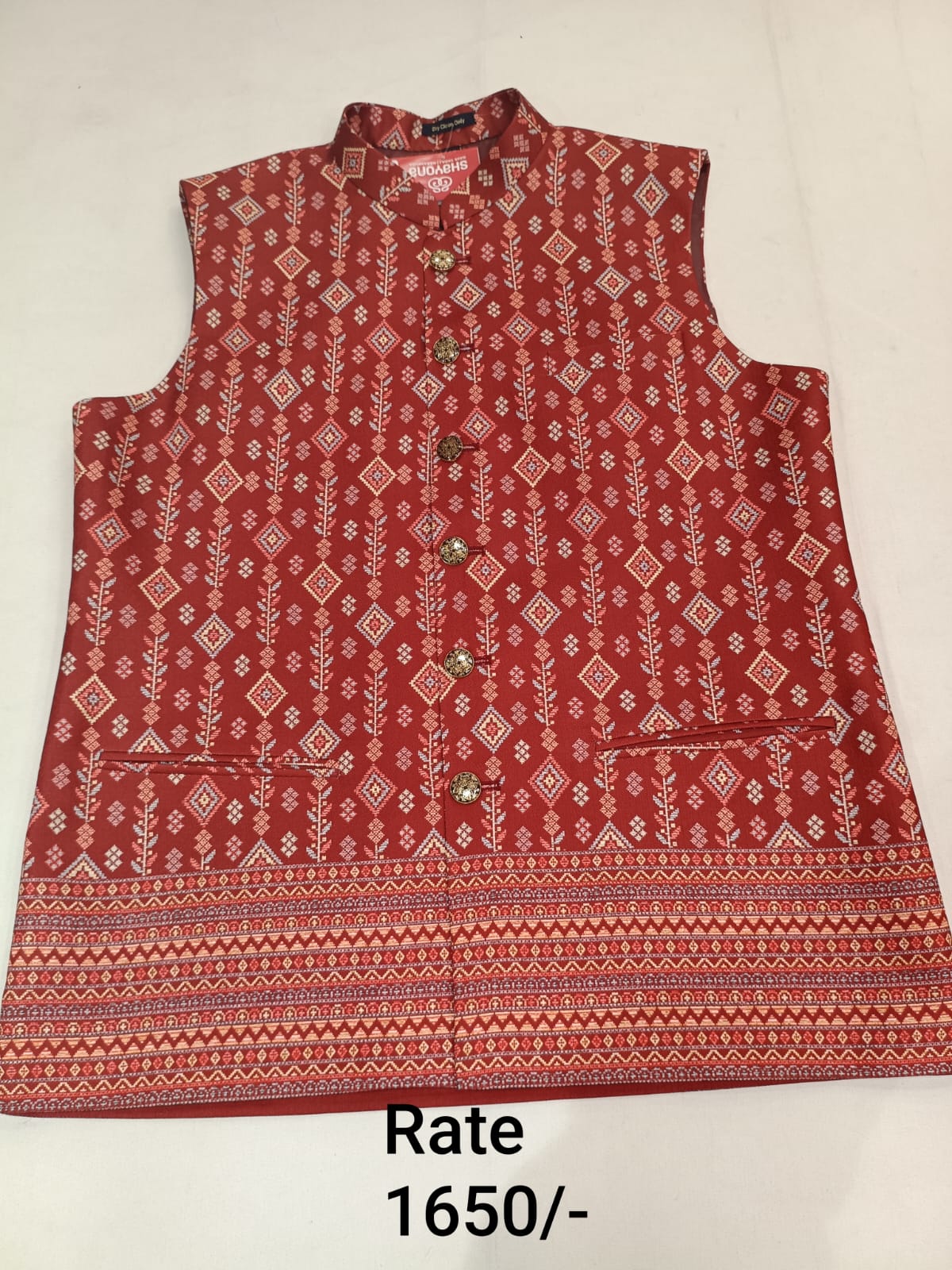 Rust (Firebrick Red) Brocade Silk Men's Koti with Multi-Coloured Diamond Butta Jaal Print & Stand-Up Collar