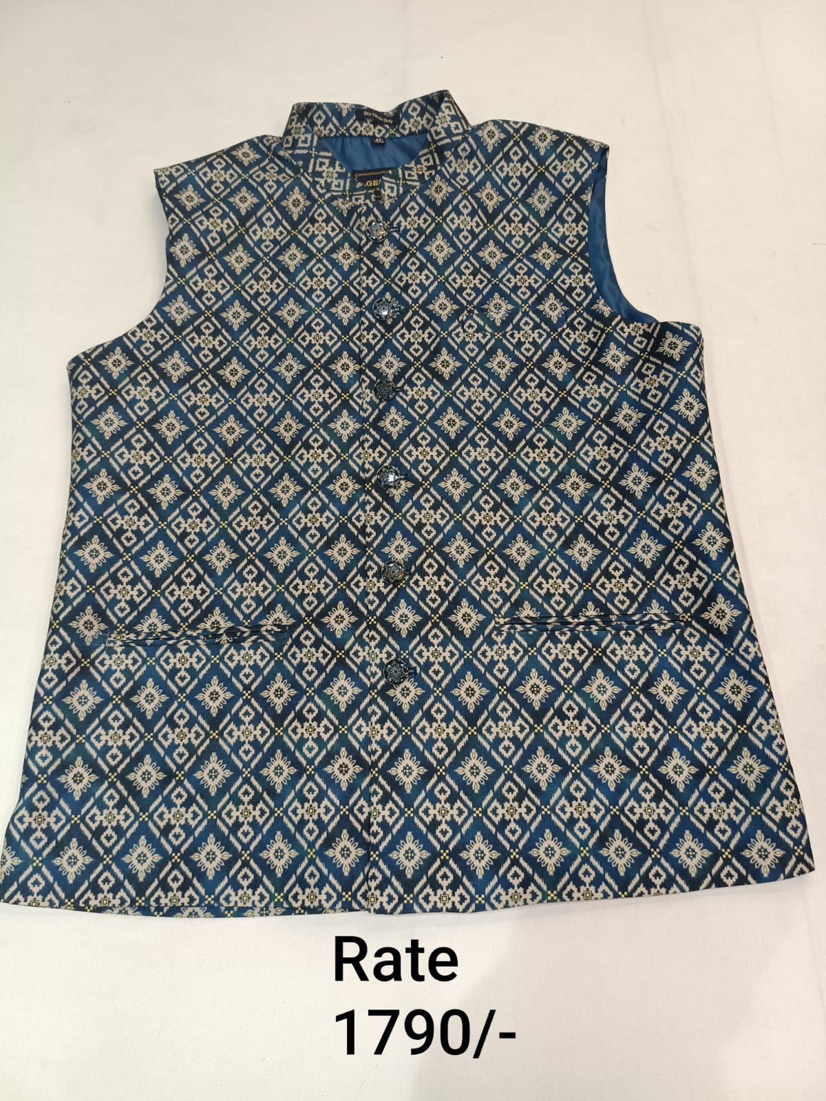 Deep Steel Blue Brocade Silk Men's Koti with Patola Butti in Diamond-Shaped Checks & Stand-Up Collar