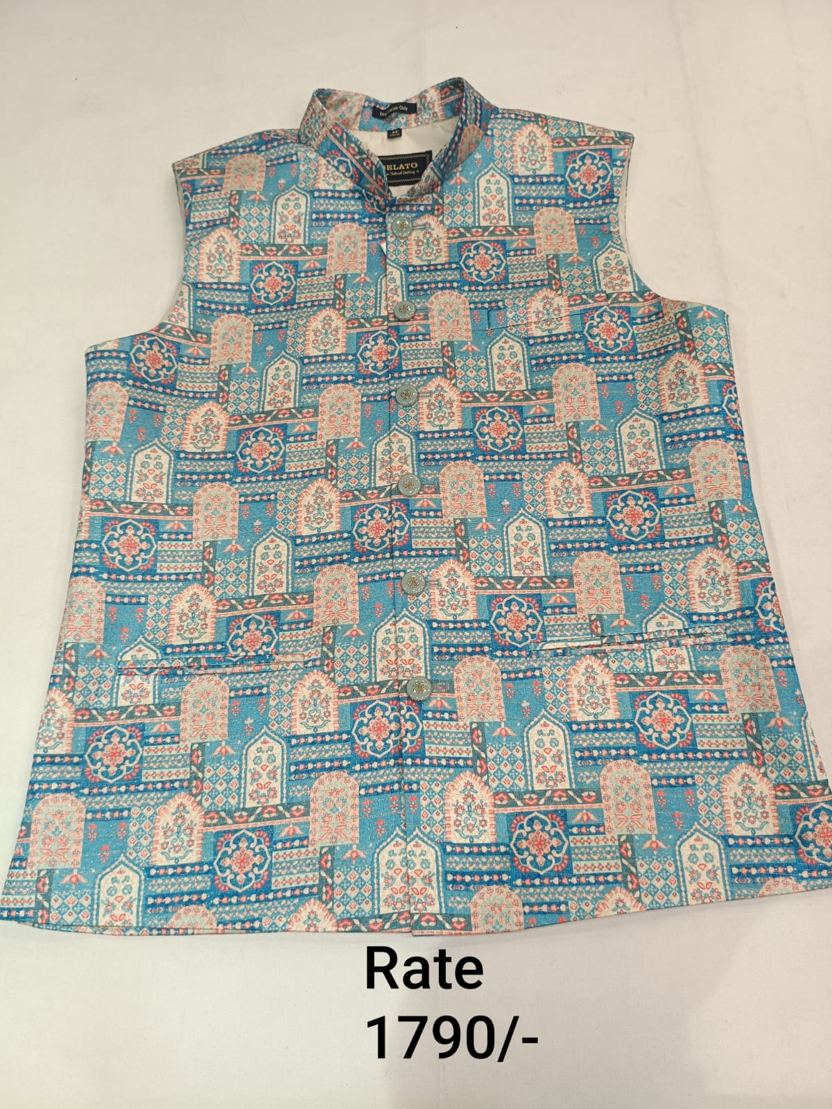 Steel Blue Brocade Silk Men's Koti with Multi-Coloured Geometric & Floral Butta Jaal Print and Stand-Up Collar