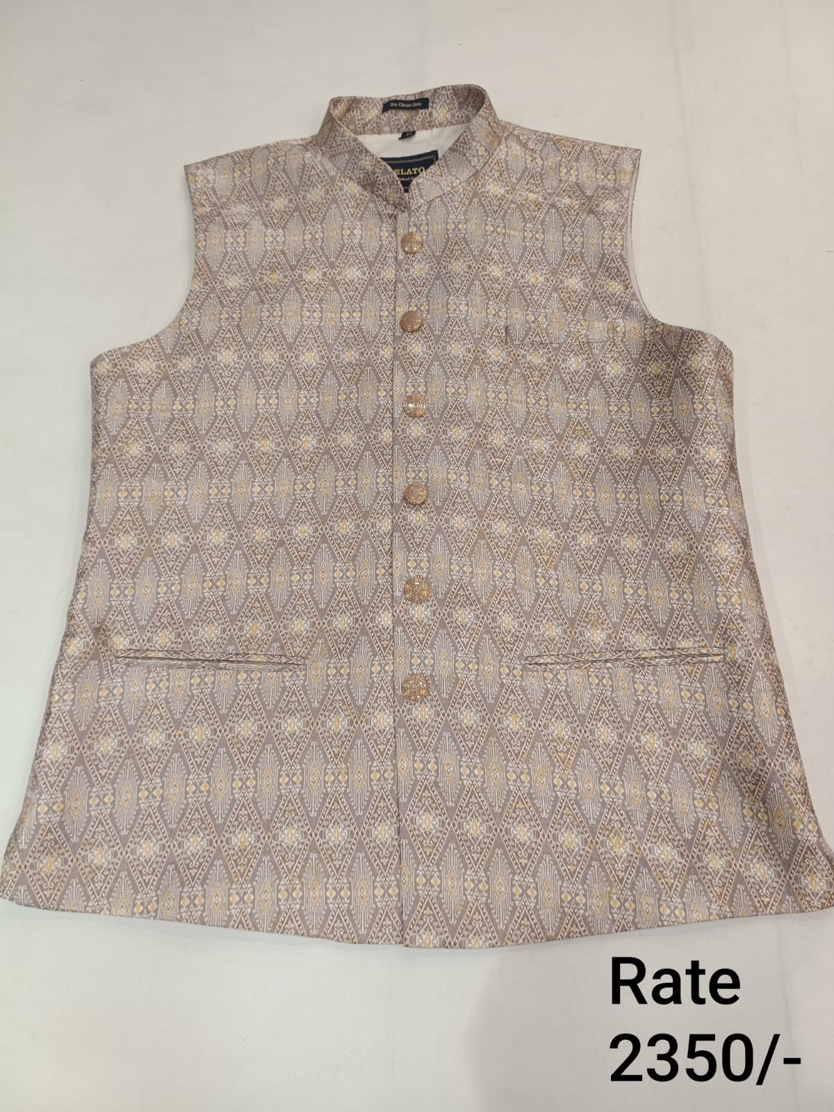 Rosy Gray Brocade Silk Men's Koti with All Over Printed Design & Stand-Up Collar