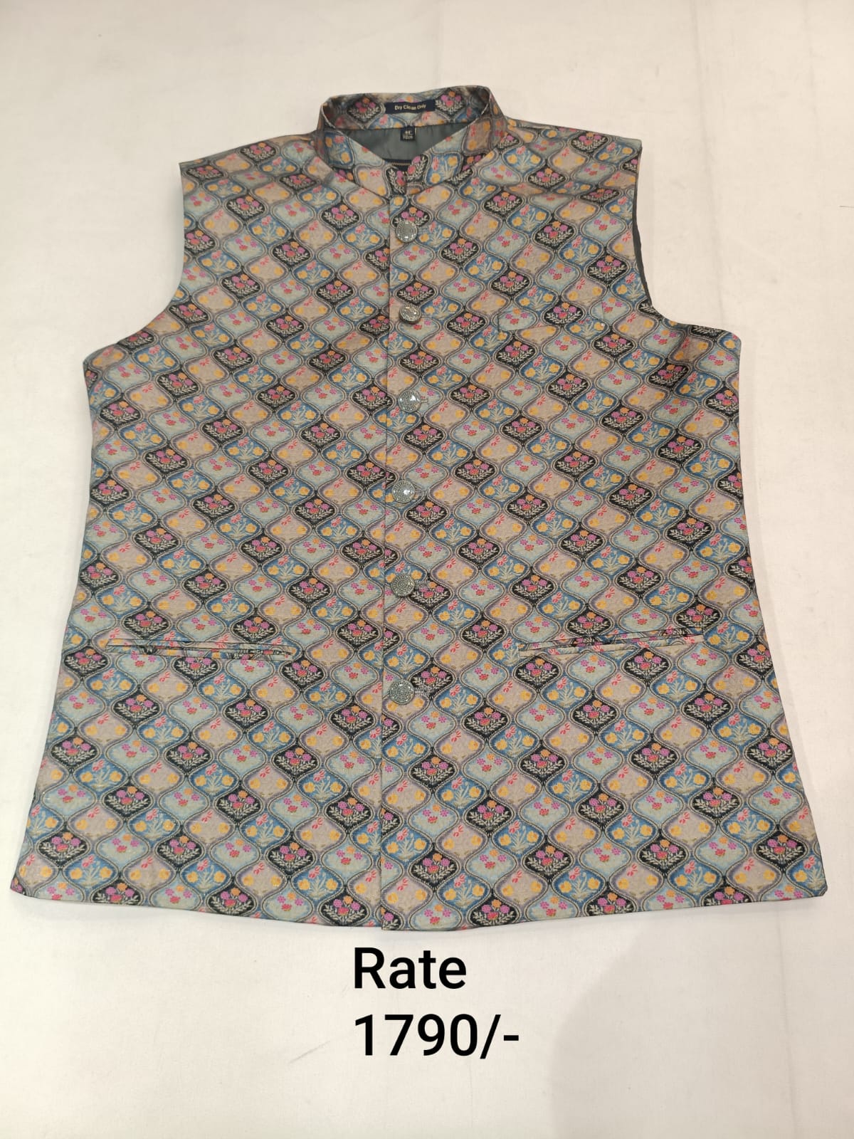 Multi-Coloured Brocade Silk Men's Koti with Floral Design in Diagonal Checks Print & Stand-Up Collar