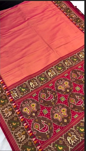 DEEP CORAL PEACH-RED PATOLA SAREE