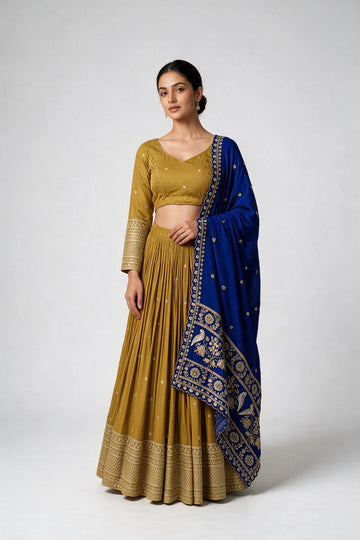 Mustard Yellow Blue Embroidered Chaniya Choli