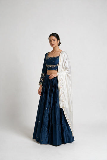 Navy Blue With White Dupatta And Gold Embroidery Chaniya Choli