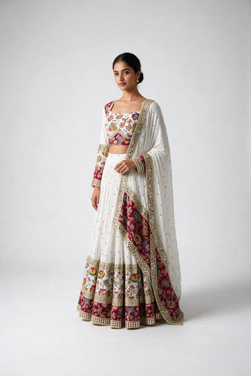 White & Magenta Floral Embroidered Chaniya Choli
