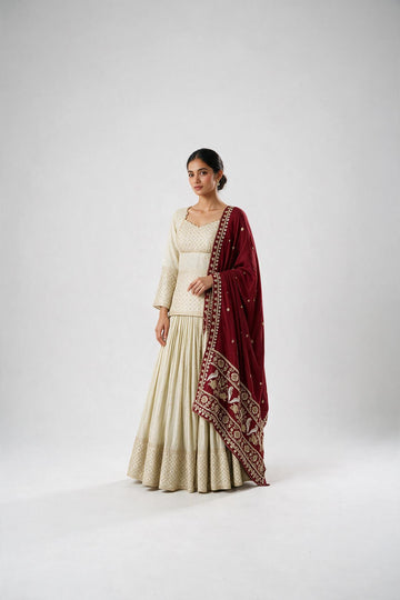 Ivory & Maroon Embroidered Chaniya Choli