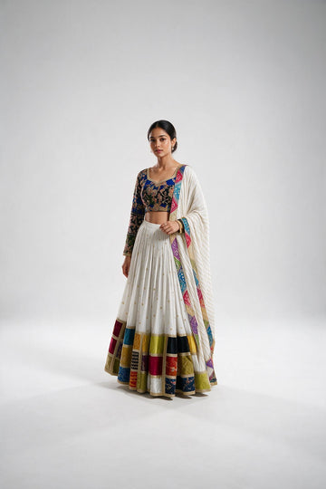 White & Multicolor Patchwork Chaniya Choli