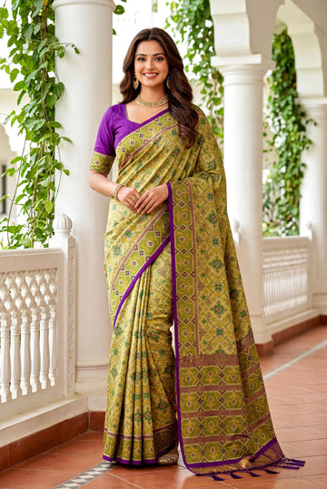 Lime Green Patola Art Silk Saree With Floral All Over Jaal And Heritage Woven Border