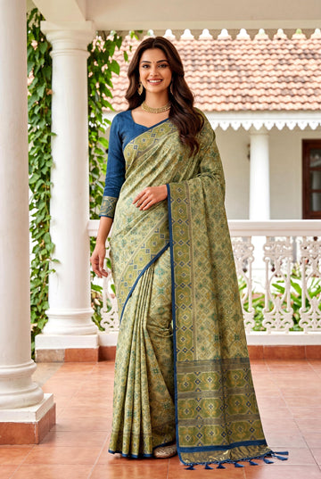 Sage Green Patola Art Silk Saree With Floral All Over Jaal And Heritage Woven Border