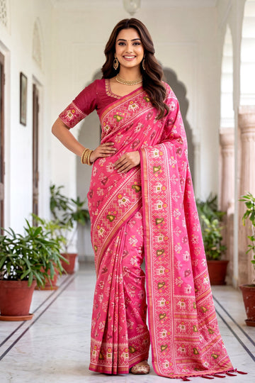 Pink Patola Art Silk Saree With Traditional Elephant Motifs & Antique Gold Heritage Border