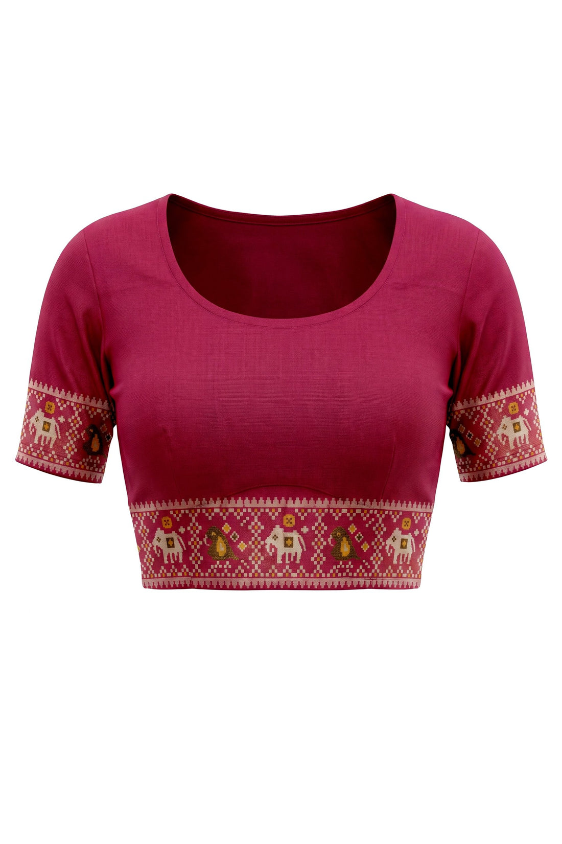 Pink Patola Art Silk Saree With Traditional Elephant Motifs & Antique Gold Heritage Border