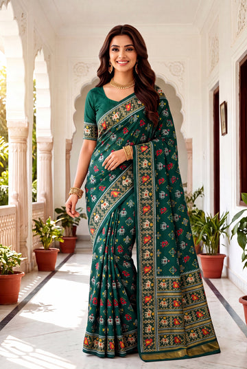 Bottle Green Patola Art Silk Saree With Traditional Elephant Motifs & Antique Gold Heritage Border