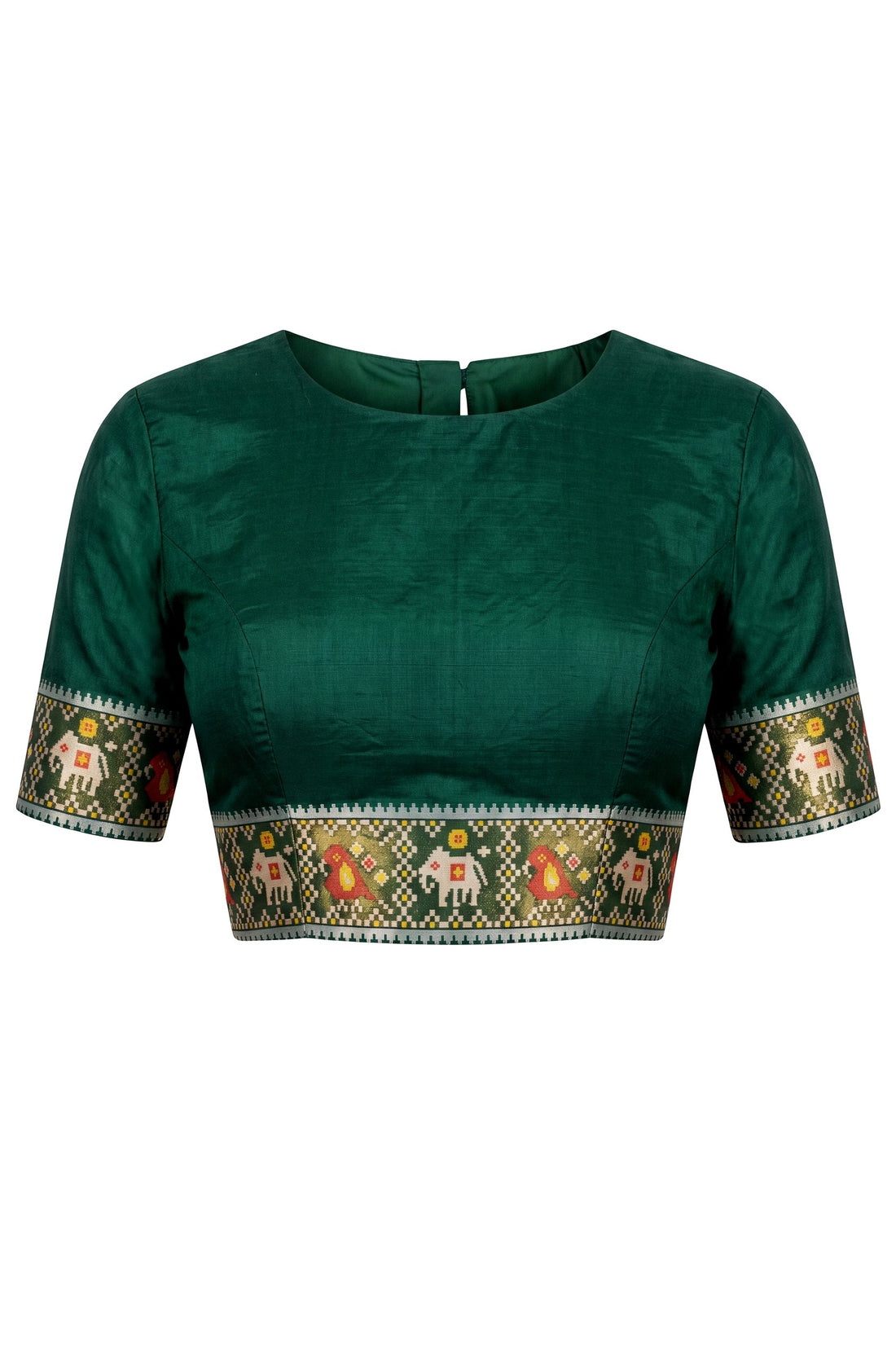 Bottle Green Patola Art Silk Saree With Traditional Elephant Motifs & Antique Gold Heritage Border