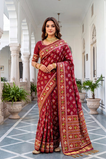 Maroon Patola Art Silk Saree With Traditional Elephant Motifs & Heritage Woven Border