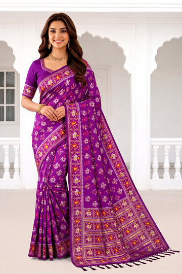 Purple Patola Art Silk Saree With Traditional Elephant Motifs & Heritage Woven Pallu