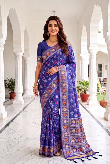 Royal Blue Patola Art Silk Saree With Traditional Elephant Motifs & Antique Gold Heritage Border