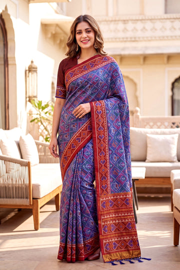 Royal Blue Patola Art Silk Saree With Maroon Heritage Border & Traditional Woven Pallu