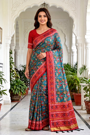 Traditional Teal Blue Patola Art Silk Saree With Red Heritage Border & Woven Pallu