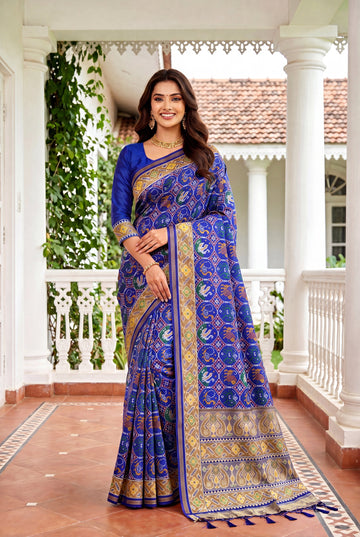 Royal Blue Traditional Patola Inspired Art Silk Saree With Zari Border