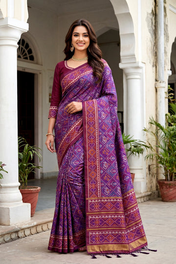 Traditional Purple Patola Art Silk Saree With Wine Heritage Border & Designer Woven Pallu