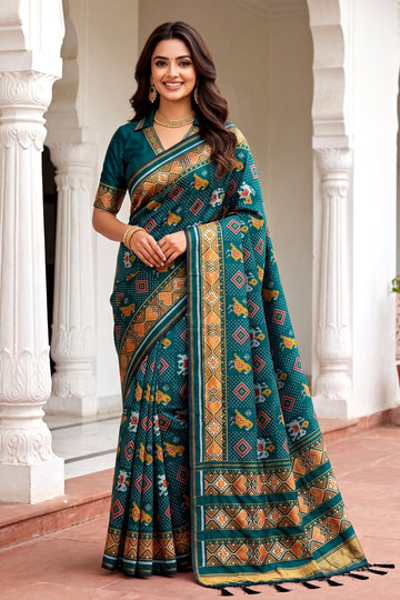 Emerald Green Patola Art Silk Saree With Antique Gold Border & Traditional Woven Pallu