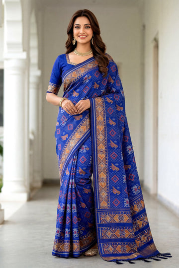 Royal Blue Patola Art Silk Saree With Antique Gold Border & Traditional Woven Pallu