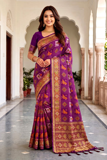 Royal Purple Patola Art Silk Saree With Antique Gold Heritage Border & Traditional Woven Pallu
