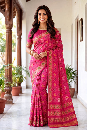 Pink Patola Art Silk Saree With Antique Gold Heritage Border & Traditional Woven Pallu