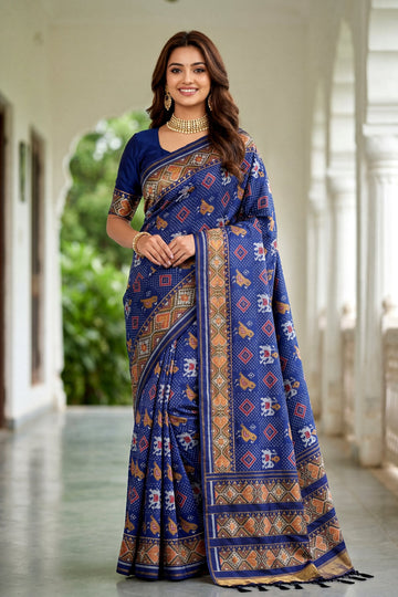 Royal Blue Patola Art Silk Saree With Antique Gold Heritage Border & Traditional Woven Pallu