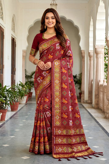 Maroon Patola Art Silk Saree With Antique Gold Heritage Border & Traditional Woven Pallu