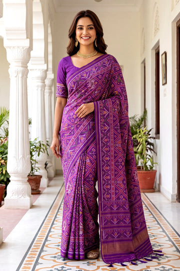 Royal Purple Patola Art Silk Saree With Traditional Woven Border & Heritage Pallu