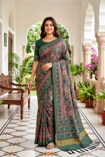 Bottle Green Patola Art Silk Saree With Traditional Woven Border & Heritage Pallu