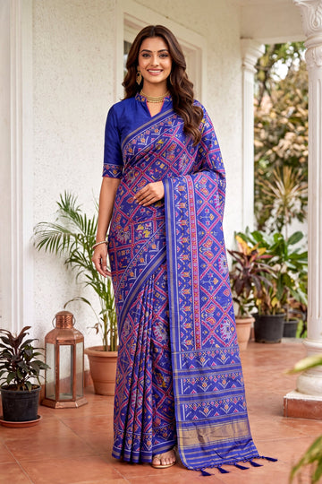 Royal Blue Patola Art Silk Saree With Traditional Woven Border & Heritage Pallu