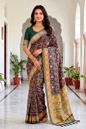 Dark Green Traditional Patola Art Silk Saree With Multicolor All Over Jaal & Rich Woven Border