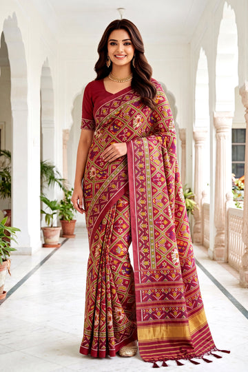 Maroon Patola Art Silk Saree With Traditional Heritage Border & Woven Designer Pallu