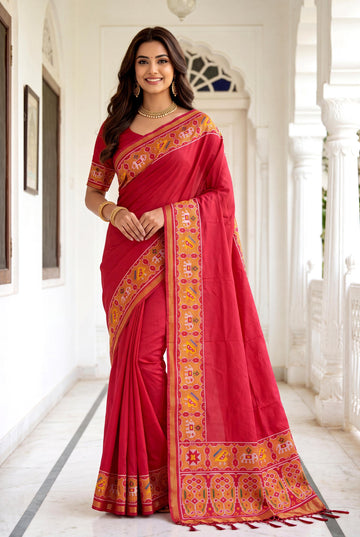 Crimson Red Art Silk Saree With Traditional Heritage Woven Border
