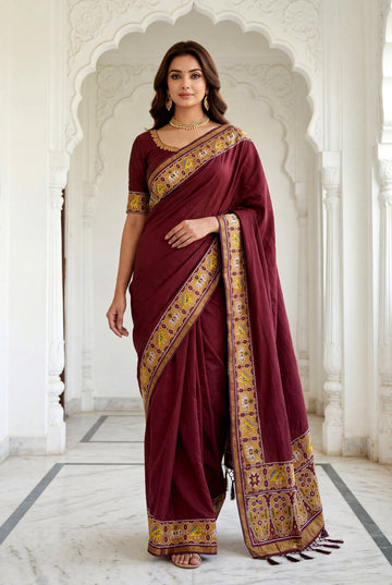 Maroon Art Silk Saree With Traditional Heritage Woven Border