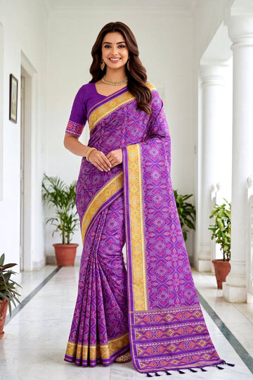 Royal Purple Patola Art Silk Saree With Heritage All Over Jaal And Mustard Yellow Woven Border