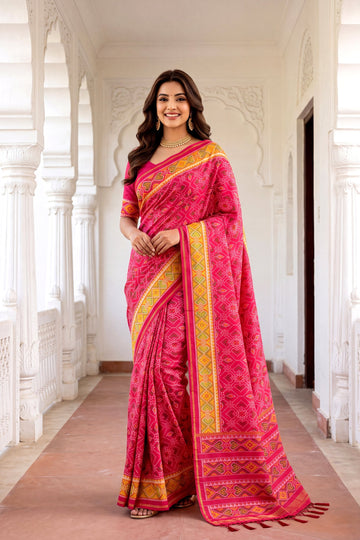 Rani Pink Patola Art Silk Saree With Heritage All Over Jaal And Mustard Yellow Woven Border