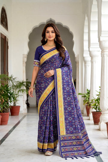 Royal Purple Patola Art Silk Saree With Heritage All Over Jaal And Mustard Yellow Woven Border