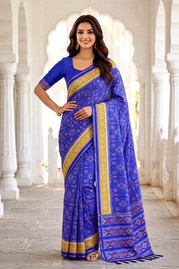 Royal Blue Patola Art Silk Saree With Geometric All Over Jaal And Contrast Woven Border