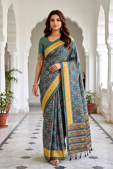 Steel Grey Patola Art Silk Saree With Heritage All Over Jaal And Mustard Yellow Woven Border