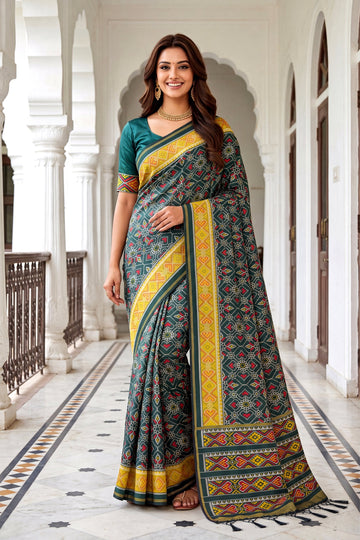 Deep Teal Patola Art Silk Saree With Heritage All Over Jaal And Mustard Yellow Woven Border
