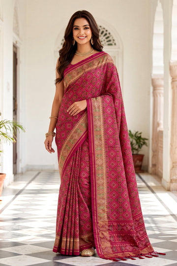 Rani Pink Patola Art Silk Saree With Heritage All Over Jaal And Antique Gold Woven Border