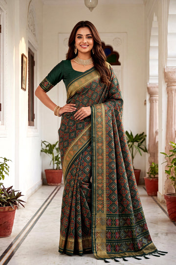 Bottle Green Patola Art Silk Saree With Heritage All Over Jaal And Antique Gold Woven Border
