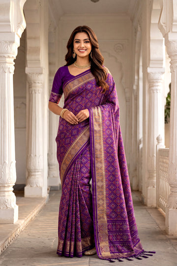 Royal Purple Patola Art Silk Saree With Heritage All Over Jaal And Antique Gold Woven Border