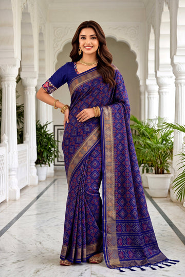 Royal Blue Patola Art Silk Saree With Heritage All Over Jaal And Antique Gold Woven Border
